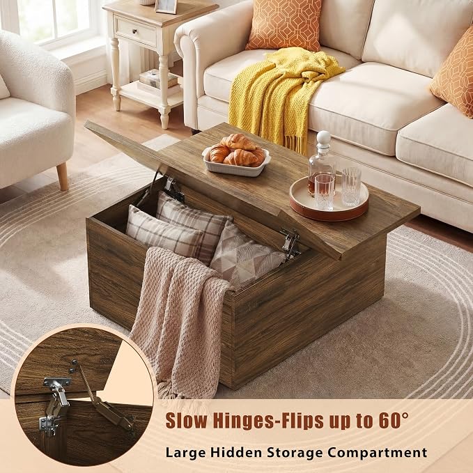 HUAHUU 31.5" Lift Top Coffee Table, 4 in 1 Square Coffee Table with Storage, Center Table with Lifting Top & Large Hidden Storage Compartment for Living Room, Home Office, Walnut