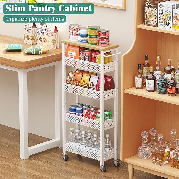 Giwil Slim Storage Cart 5 Tier Narrow Kitchen Rolling Cart on Wheels for Small Space, Metal Utility Cart Narrow Bathroom Storage Cabinet Mobile Shelf Unit Organizer with Wood Top and Handle, White