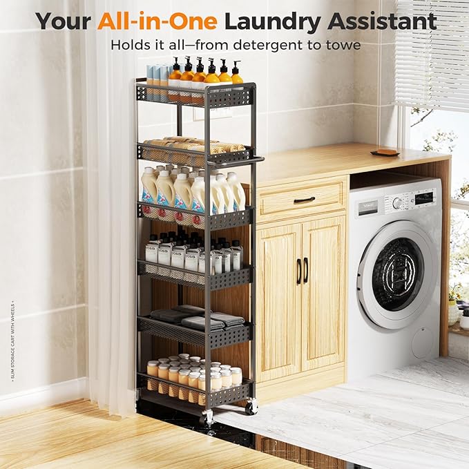 6 Tier Slim Storage Cart with Wheels, 10" D Rolling Storage Cart for Small Space, Metal Narrow Spice Cabinet Mobile Shelving Unit Organizer with Handle for Kitchen, Laundry - Black