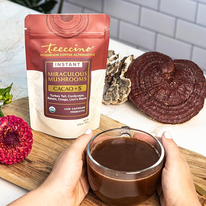 Miraculous Mushrooms Instant Cacao+5 Coffee Alternative by Teeccino – 15 servings - 5 Organic Adaptogenic Mushrooms with Cacao - Reishi, Lion’s Mane, Chaga, Turkey Tail, Cordyceps - Caffeine Free, Prebiotic - 4.7 ounces