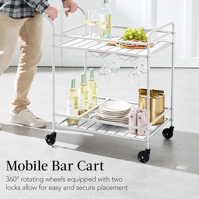 Best Choice Products Rolling Bar Cart, Mobile Home Bar Serving Cart, Serving Station w/ 2 Tier Shelves, Wine Rack, Lockable Wheels - White