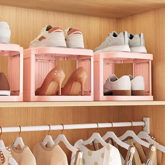 Kitstorack 5-Tier Vertical Plastic Shoe Rack, Freestanding Stackable Shoe Storage Organizer Cubes Shoe Shelf Tower or Small Closets and Tight Spaces, Pink