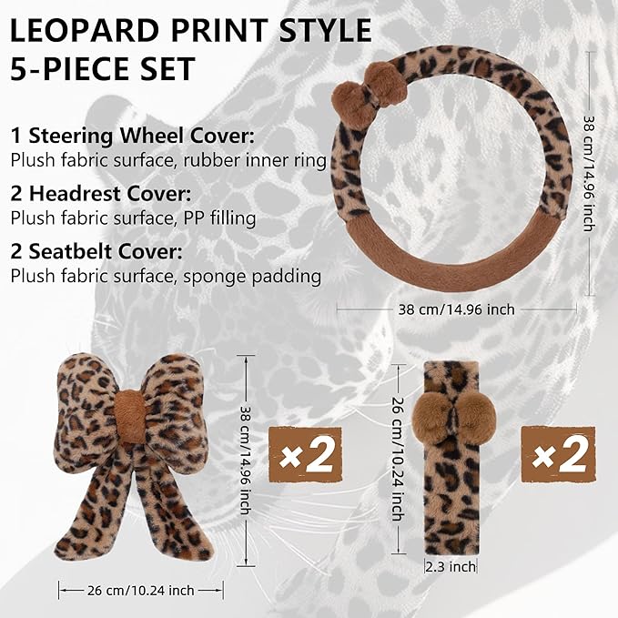 Car Steering Wheel Cover with Leopard Print & Cute Bowknot Soft Anti-Slip Y2K Retro Luxury Fluffy Fur Car Interior Accessory (Leopard Set 5)