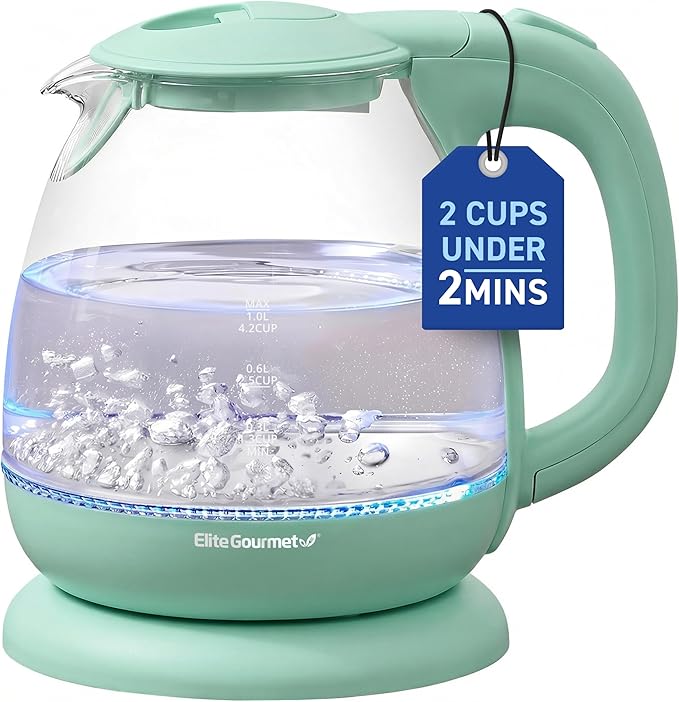 Elite Gourmet 1L Glass Electric Water Kettle, BPA-Free, Fast Boil, Auto Shut-Off, Boil-dry Protection, 360° Swivel Base with Cordless Serving, Clear-view Water Level Markings, Mint