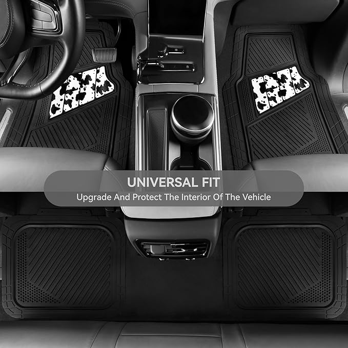 CAR PASS Heavy Duty Rubber Floor Mats Cow Print Car Mats 4-Piece Car Mat Set - Universal Waterproof Floor Mats for Car SUV Truck, Durable All-Weather Mats