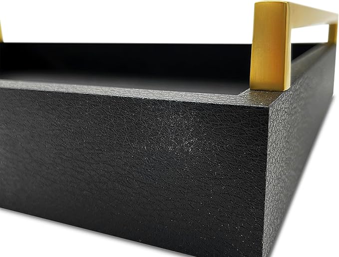 Decorative Coffee Table Tray - Shagreen Faux Leather - Ottoman Tray - Breakfast, Drinks, Liquor Serving Tray - Farmhouse to Modern - Brushed Champagne Gold Handles (Pitch Black)