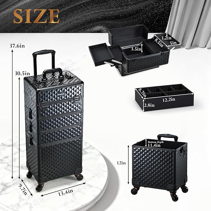 Stagaint Rolling Makeup Case 4 IN 1 Cosmetology Case on Wheels Salon Case | Makeup Organizer Box with Wheels Cosmetic Travel Case Nail Tech Storage Traveling Trunk Box All-Black Diamond