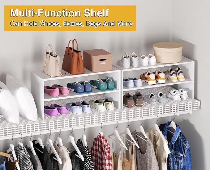 White Shoe Rack Organizer for Closet, 2-Tier Expandable Shoe Shelf, Stackable Iron Wood Combination Small Shoe Racks Shelves for Closets, Entryway,Small Space,Hallway,Bedroom,Bathroom,6-12 Pairs