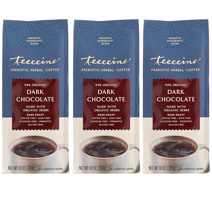 Teeccino Dark Chocolate Prebiotic SuperBoost™ Coffee Alternative - 10 Ounce - Support Probiotics with Caffeine-Free Herbal Coffee Featuring 3 Vegan Prebiotics for Gut Health, (Pack of 3)