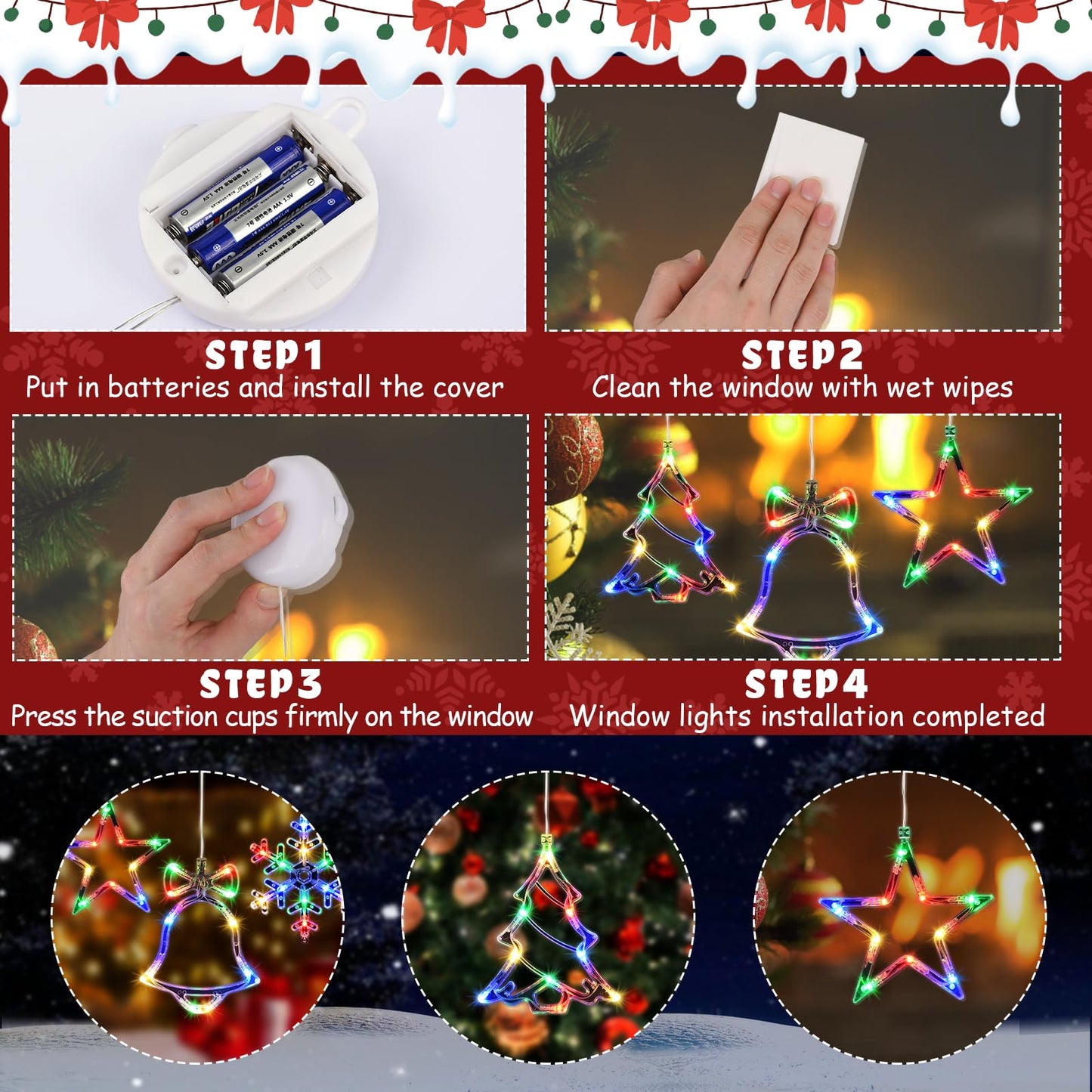 Waipfaru Christmas Window Lights - 4 PCS Multicolor with Timer, Suction Cup, Model ISL001-D