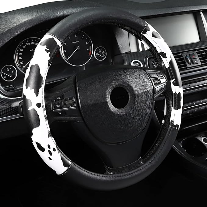 Cow Print Steering Wheel Cover, Microfiber Leather Cute Breathable Anti Slip Universal 14.5-15 inch Car Interior Accessories for Women Men, Black White