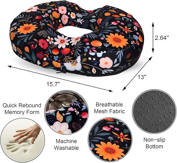 Floral Donut Pillow for Hemorrhoids Seat Cushion for Tailbone Pain Relief - Flower Home Office Chair Cushion for Long Sitting Work - Memory Foam Car Seat Cushions for Driving Butt Pain Pressure Relief