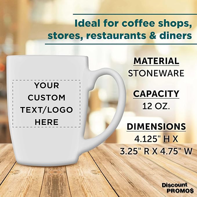 DISCOUNT PROMOS Custom Curved Java Coffee Mug 12 oz. Set of 10/50/100 - Personalized Bulk Pack - Stoneware Restaurant Cups - White