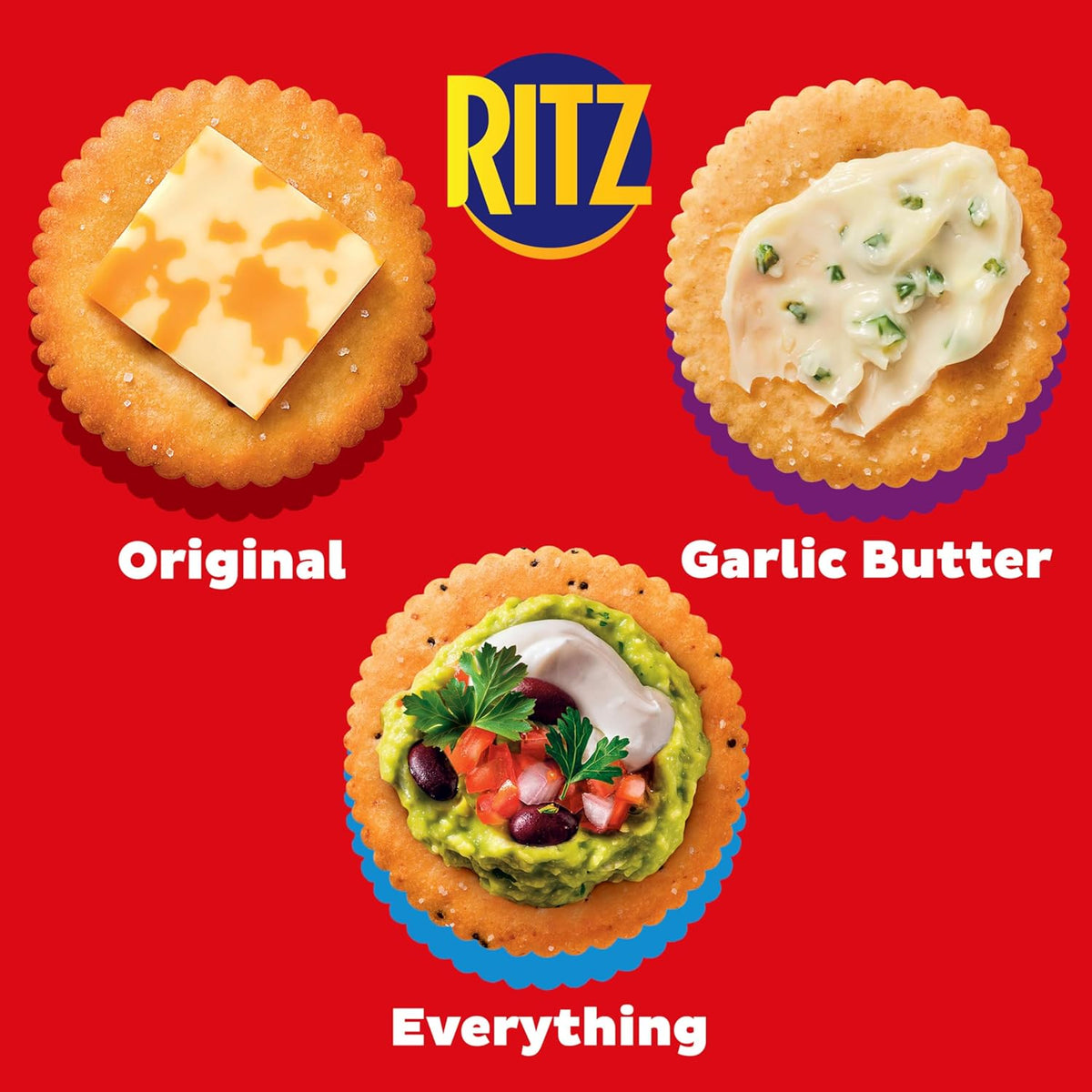 RITZ Fresh Stacks Original, Everything, and Garlic Butter Crackers Variety Pack, Travel Snacks, 8.85 oz (6 Multi Snack Packs)