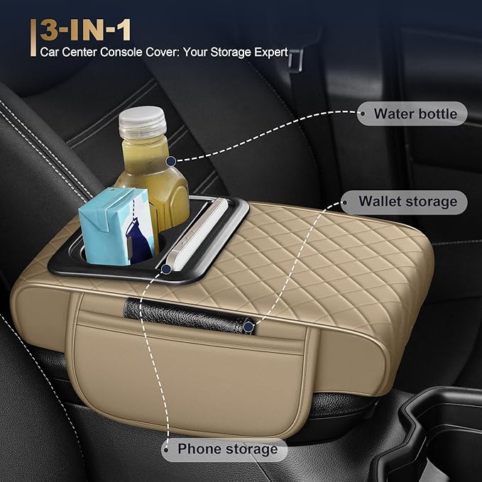 YORKNEIC Upgraded Car Center Console Cover with Cup Holder 2 Storage Bags - Faux Leather Arm Rest Cover Fit for Ford Focus,Middle Console Cover Multi-Functional Car armrest Cushion(Beige)