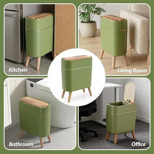 suyika Automatic Trash Can, 2.6 Gallon/10L Bathroom Trash Can with Lid - Wood Grain Lid and Legs, Touchless Waterproof Garbage Bin for Bedroom, Bathroom, Office, Living Room