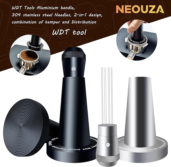 NEOUZA Coffee WDT Holder Tamper 2 in 1 Multifunctional Espresso Accessories Stand, Ripple Base, WDT Not Included (53mm Holder Black)