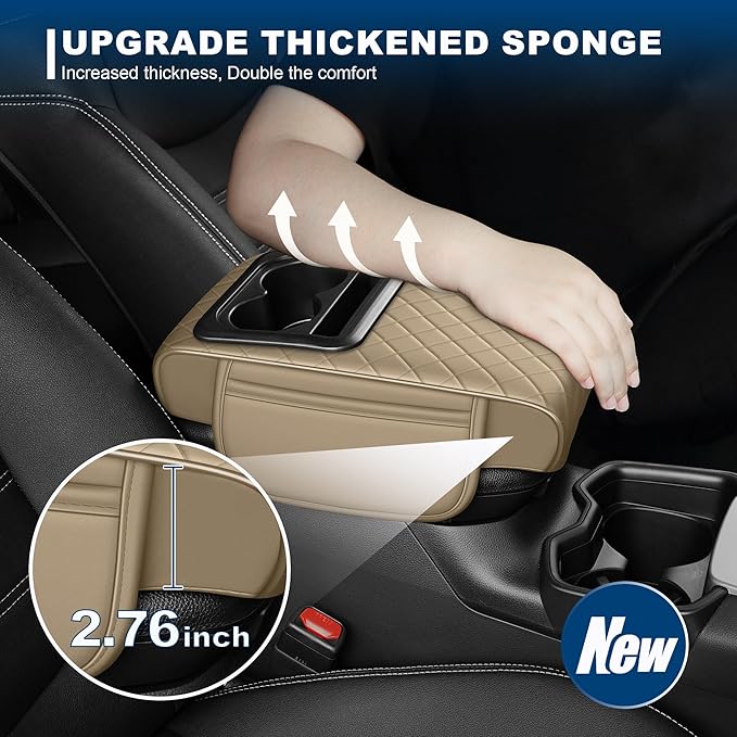 Car Center Console Cover Fit for Volkswagen ID.4 Faux Leather Auto Armrest Box Cover with Cup Holder & Phone Holder Waterproof Leather Armrest Protector Cushion(Beige)