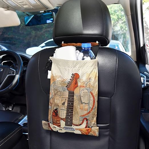 ALAZA Hanging Car Trash Bags Garbage Bag Trash Can for Back Seat Small Guitar Retro Washable Storage Bag Retractable 2 Pack