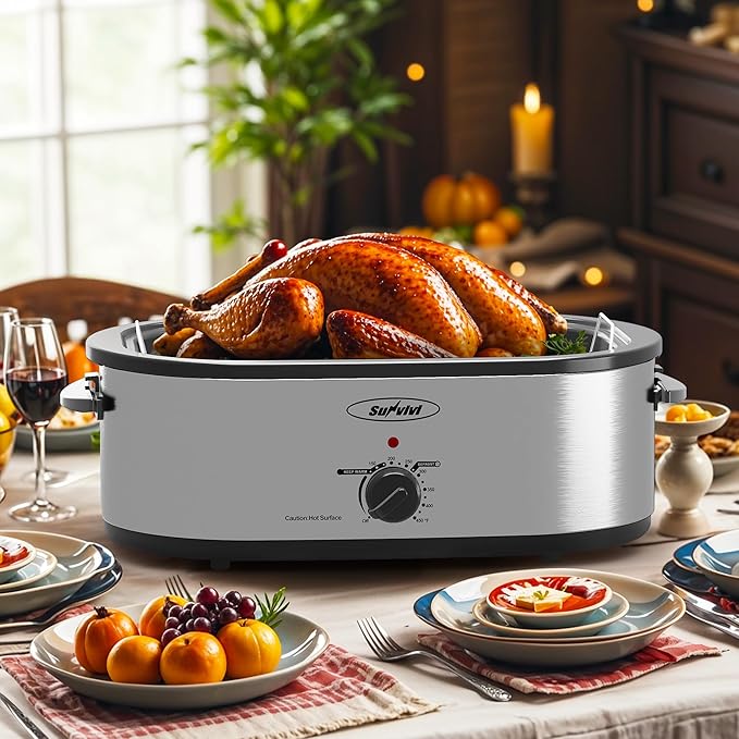 Sunvivi Electric Roaster,20 Quart Roasting Oven with Self-Basting Lid Removable Pan,Turkey Roaster Oven with 150 to 450F Temperature Control Cool-Touch Handles,Silver