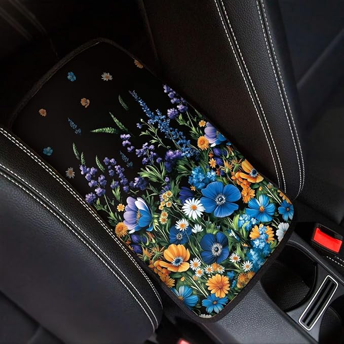 Wild Floral Car Armrest Cover Center Console Cover for Women, Cottagecore Theme Auto Accessories Interior Arm Rest Cover Pad