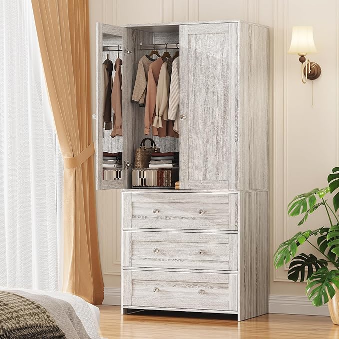 VOWNER Armoire Wardrobe Closet with Drawers and Mirror, 71" Clothing Storage Cabinet with Hanging Rod, 2 Doors Wooden Wardrobe Cabinet for Bedroom, Large Capacity Storage