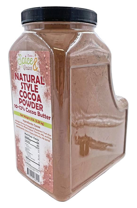 Natural Style Rich Cocoa Powder | Baking - 10/12% Fat | By Dasher's Spice & Beans | 5 lb. Container