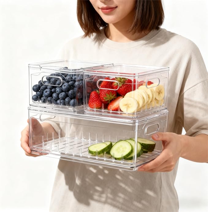 TAYUOOTransparent PET Fruit Draining and Washing colander food storage boxes plastic cookie containers refrigerator organizers (1, rectangle)