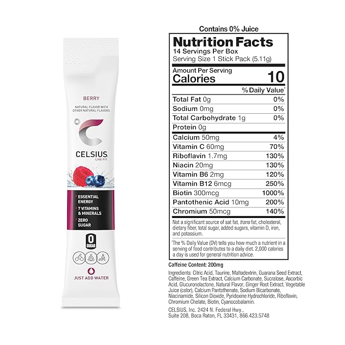 CELSIUS On-The-Go Powder Stick Packs, Zero Sugar (14 Sticks per Pack), Berry, 2.5 Ounce