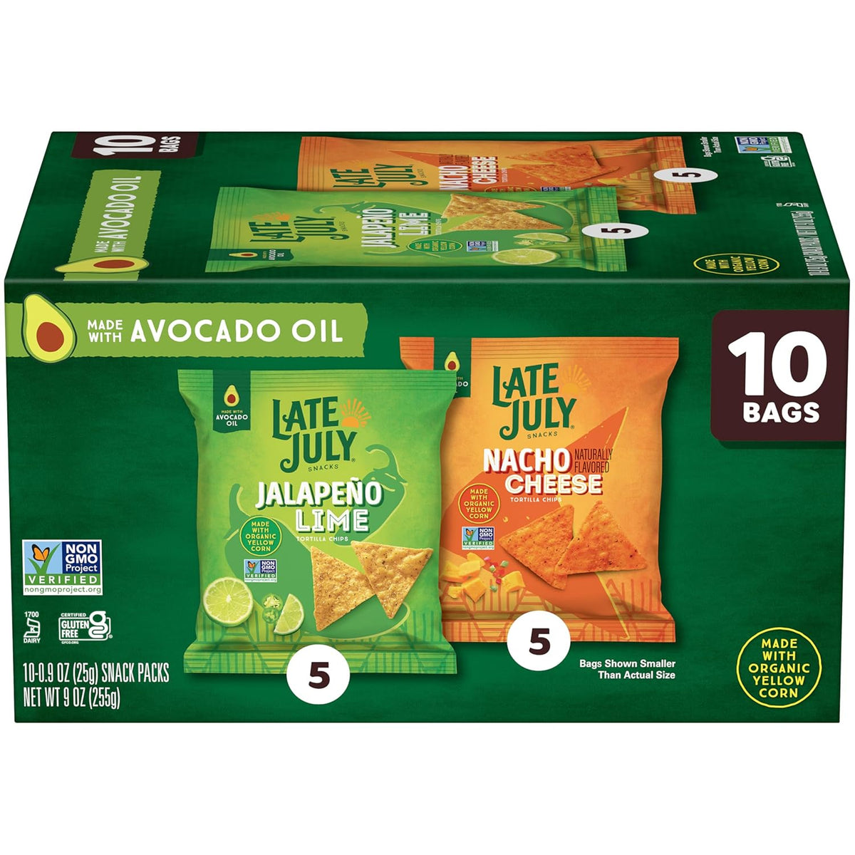 LATE JULY Snacks Variety Pack Tortilla Chips, 0.9 Oz 10 Count Snack Bags