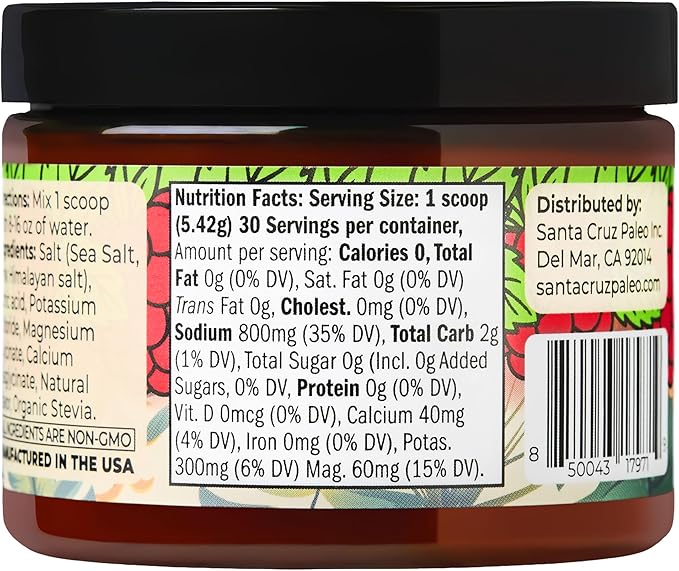 Santa Cruz Paleo Electrolyte Powder, Raspberry Mint Flavor, Sugar Free Hydration Drink Mix with Himalayan Pink Salt, Sea Salt, Magnesium Glycinate, Potassium Chloride, Sweetened with Stevia, 30 Srvgs