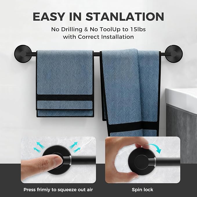 Adjustable Suction Cup Towel Bar for Bathroom Wall,17 Inch~29 Inch Towel Racks for Bathroom,Stainless Steel Bath Towel Holder for Shower,2 Pack(Matte Black)