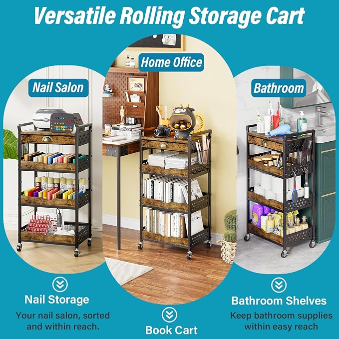 Rolling Cart Organizer with Removable Drawer, 4-Tier Art and Craft Storage Cart, Nail Makeup Organizer, Metal Utility Cart with Wheels for Kitchen Bathroom Essentials, Coffee Supplies, Snack