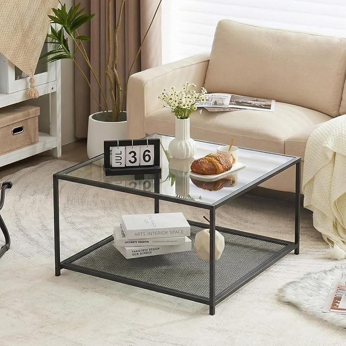 Black Glass Coffee Table, Square Coffee Tables with Storage Shelf, Simple Tea Cocktail Modern Center Tables for Small Space, Living Room, Easy Assembly, 26 * 26in（Black）