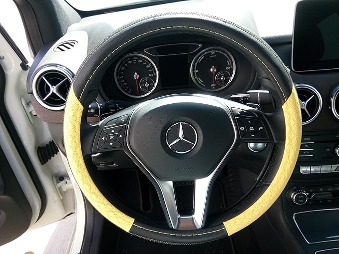 Jdragon Black & Yellow PU Leather Great Comfort Slip-On Steering Wheel Cover 14.25-15" Diameter