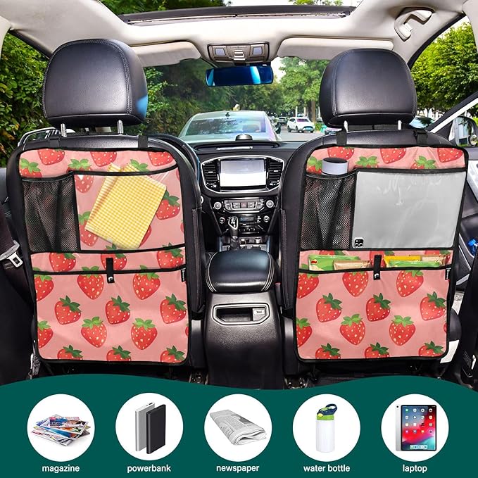 JIPONI Car Backseat Organizer, Strawberrys Pink Automotive Back Seat Protector, Kick Mats with Storage Pockets for Kids Pets, Road Trip Accessories