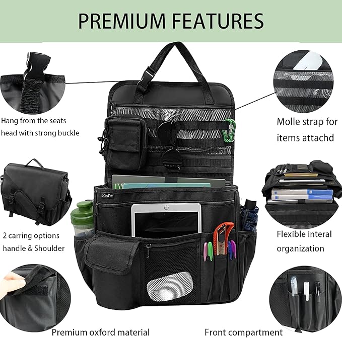 Car Front Seat Organizer for Law Enforcement – Portable Passenger Seat Storage with Laptop & Tablet Holder, Stabilizing Straps, and Car Office Organizer for Trucks, Black