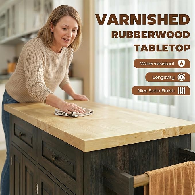 HOMCOM Kitchen Island Cart with Rubber Wood Top, Rolling Kitchen Island Table on Wheels with Drawers, Adjustable Shelves, Spice Rack and Towel Rack for Dining Room, Brown Oak