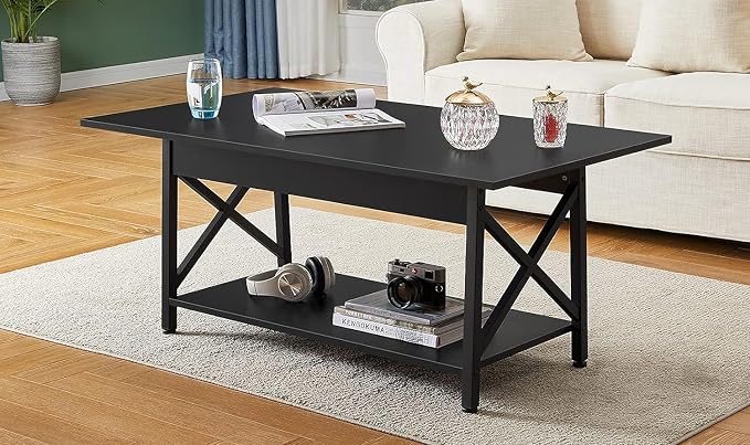 GreenForest Black Coffee Table with Storage Shelf 39 inch, 2 Tier Rectangular Center Table for Living Room,Modern Farmhouse Small Table for Home Office,Easy Assembly