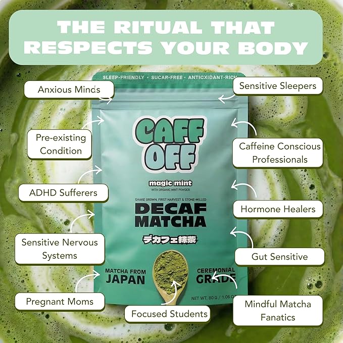 Decaf Mint Matcha Green Tea Powder From Japan – 1.06 oz / 30 g – With Mint Adaptogen- Ceremonial Grade & Sugar-Free – No Fillers or Milk Powders – Naturally Decaffeinated Without Chemicals – Tested for Heavy Metals – First Harvest, Shade-Grown & Caffei...