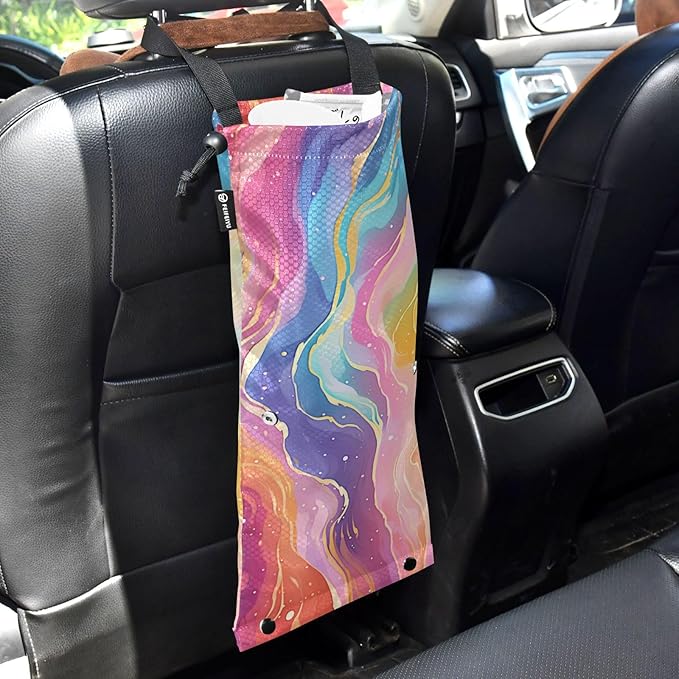 ALAZA Hanging Car Trash Bags Garbage Bag Trash Can for Back Seat Small Rainbow Starry Sky Washable Storage Bag Retractable 2 Pack