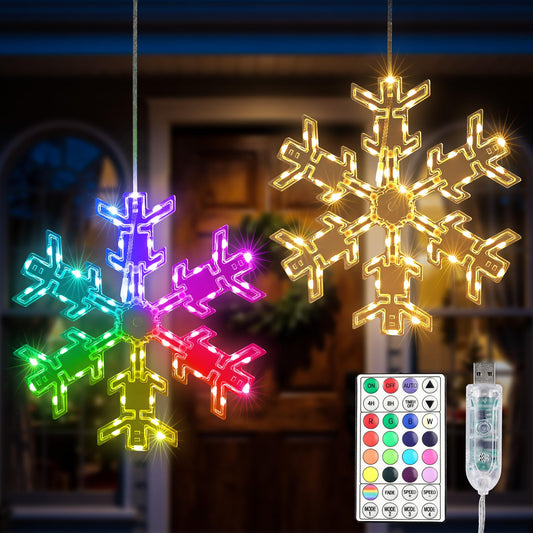 BrizLabs Christmas Window Lights - 2 Pack, 12in Snowflake, RGB Color Changing, 61 Modes, Remote Control for Indoor/Outdoor Decor