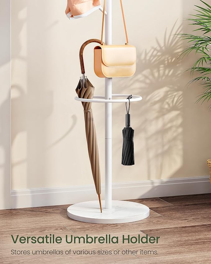 CHOEZON Coat Rack Freestanding, Coat Rack with Umbrella Holder, Coat Hanger Stand with 8 Hooks, Coat Tree with Marble Base, 3 Adjustable Size, for Entryway, Living Room, Bedroom Marble White TYM09WD