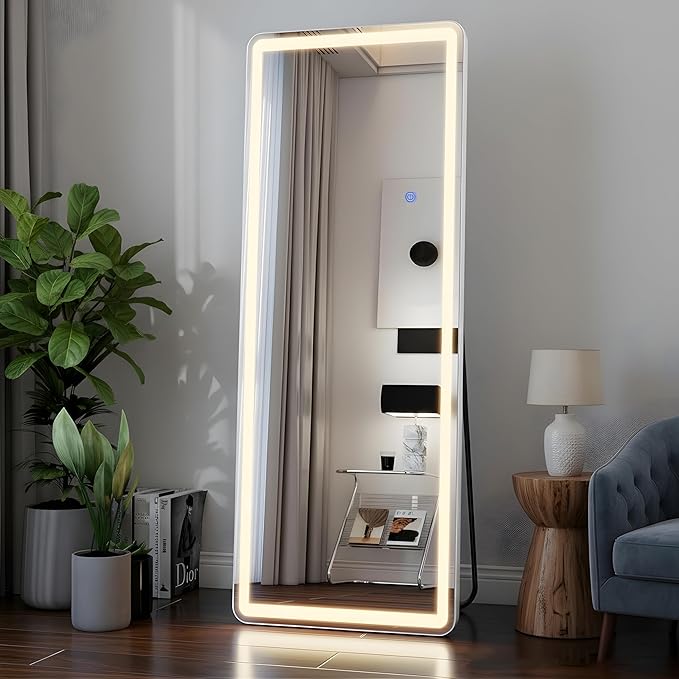 VooBang 64"x21" LED Mirror Full Length - Floor Body Mirror with Dimmable Lights - 3 Color Modes, Standing Leaning Wall Mounted for Bedroom, Dressing Room