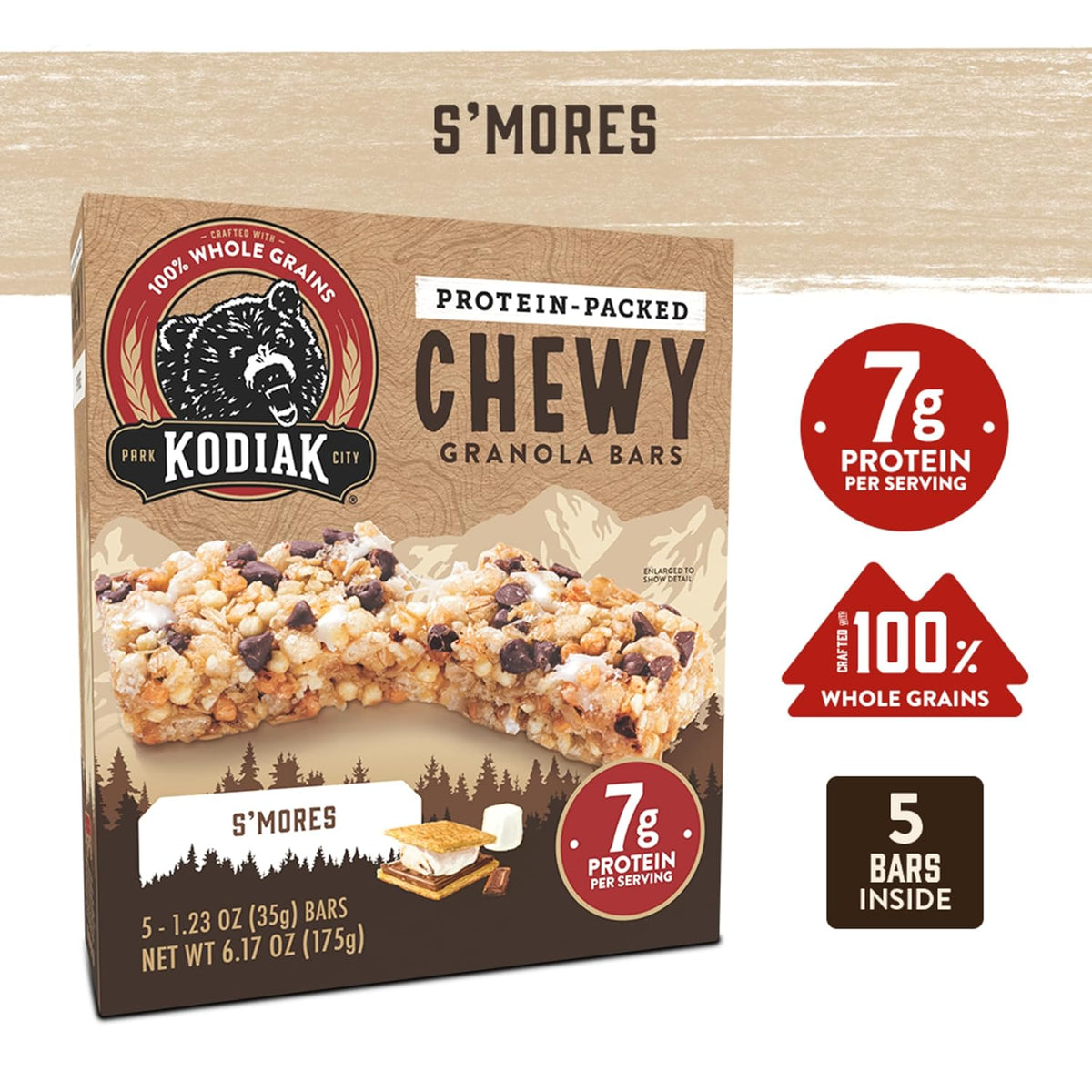 Kodiak Cakes Protein Chewy Granola Bar, S'mores, (Pack of 4 Boxes)