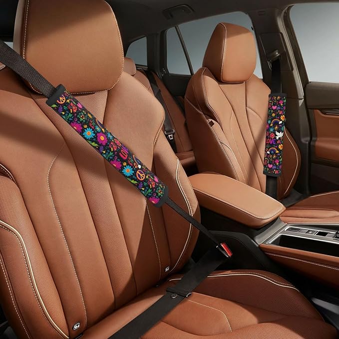 Retro Flower Peace Rainbow Love Steering Wheel Cover Elastic Non-Slip Car Steering Wheel Covers with Seat Belt Shoulder Pad for Women Men
