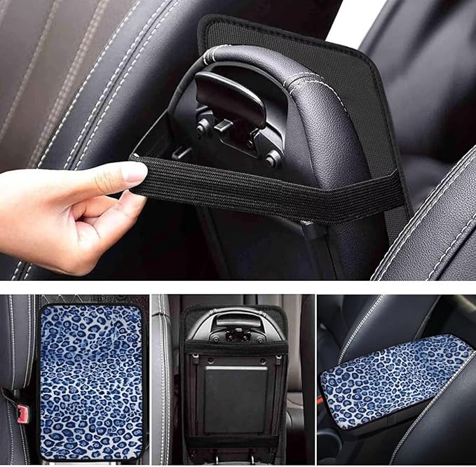 Blue Cheetah Print Arm Rest Cover for Car Soft Car Center Console Cover Non Slip Leoprd Car Interior Accessories Universal Armrest Cushion Protector for SUV Trucks Van Vehicles