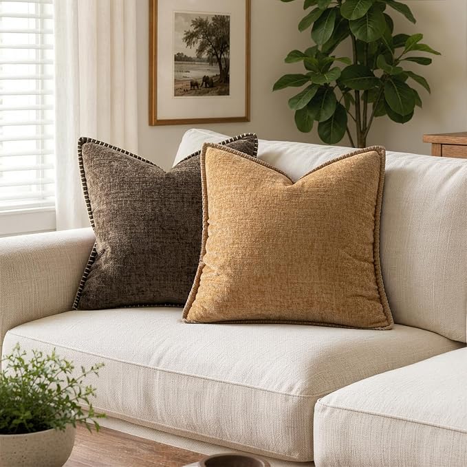 MIULEE Pack of 2 Couch Throw Pillow Covers 20x20 Inch Apricot Brown Farmhouse Decorative Pillow Covers with Stitched Edge Soft Chenille Solid Dyed Spring Pillow Covers for Sofa Bed Living Room