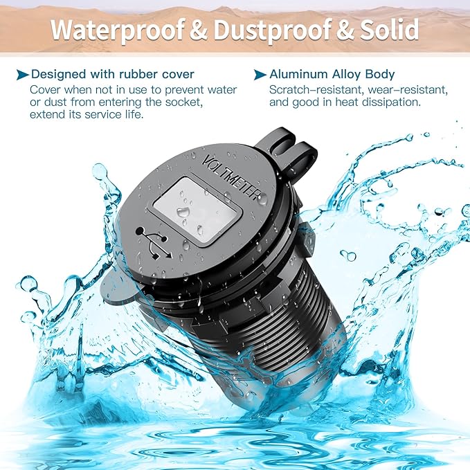 4 Port 12V USB Outlet Aluminum Car Charger with Voltmeter, 78W Fast Charge Dual PD3.0 & QC3.0 Multiple USB Port for Car, Marine USB C Socket Cigarette Lighter Replacement Waterproof 12 Volt Outlet