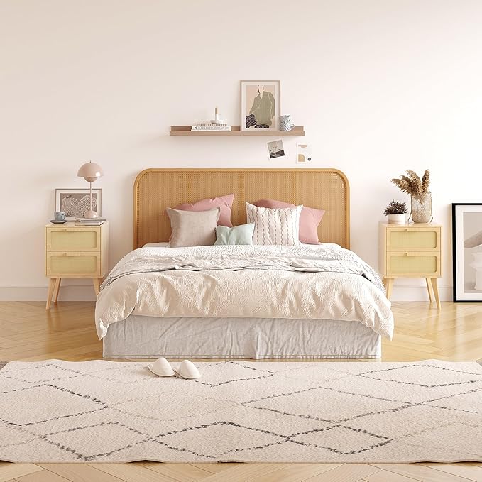Small Rattan Nightstand,Boho Bedside with Storage,End Table,Side Table with 2 Hand Made Rattan Decorated Drawers for Small Space,Livingroom,Bedroom,Natural 11.8" D x 16" W x 22.4" H CTG59Y